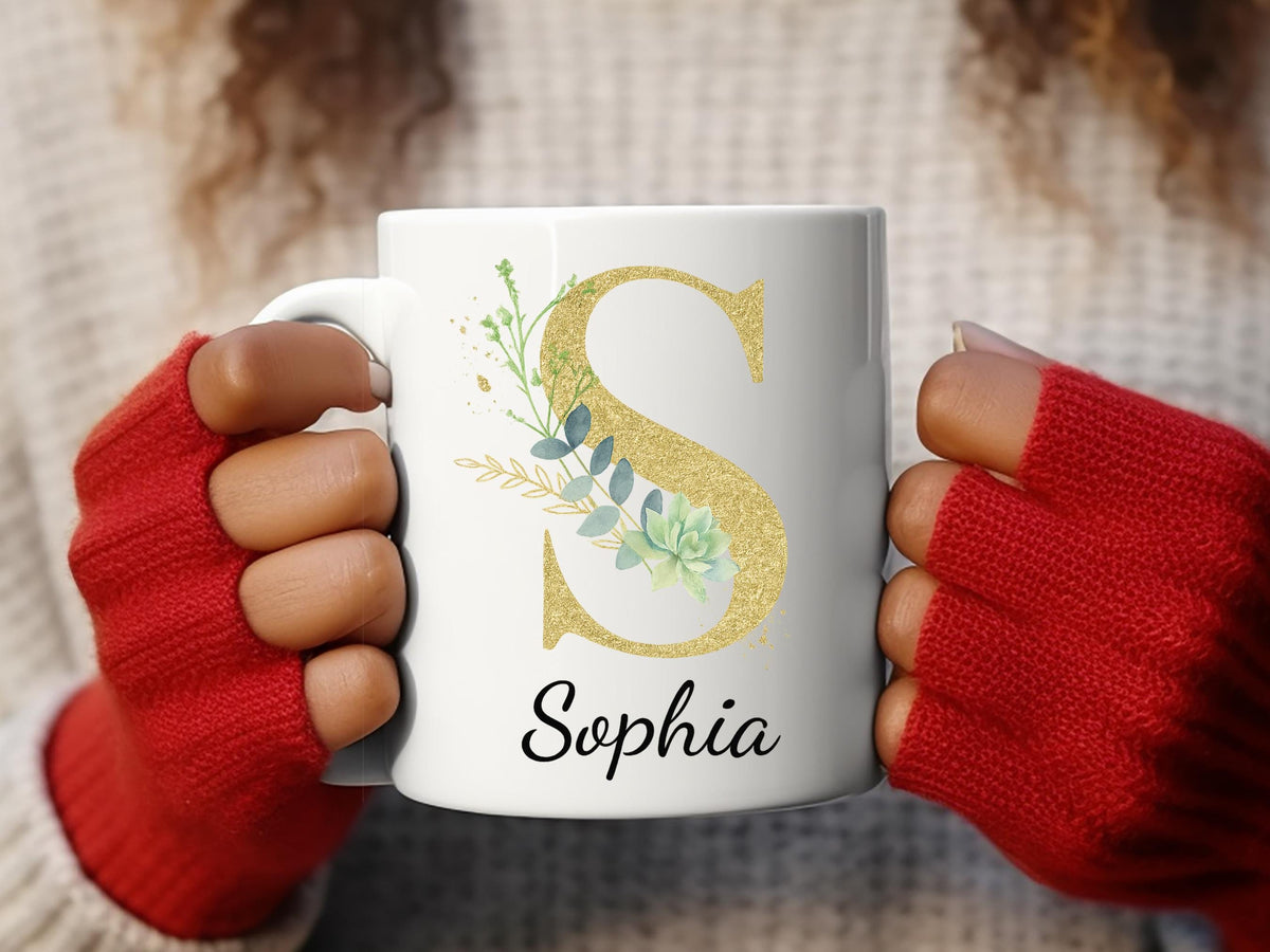 Personalized Gold Initial Mug, Floral Monogram Coffee Cup