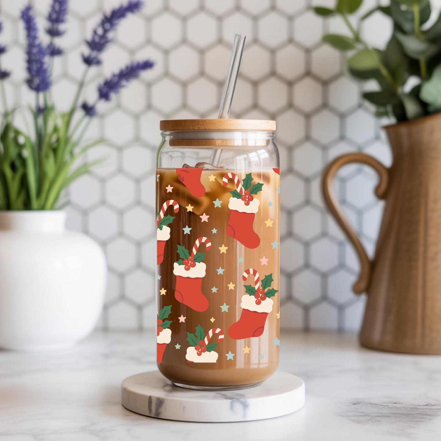 Christmas Stocking Glass Cup โ Frosted Iced Coffee Cup with Bamboo Lid and Straw