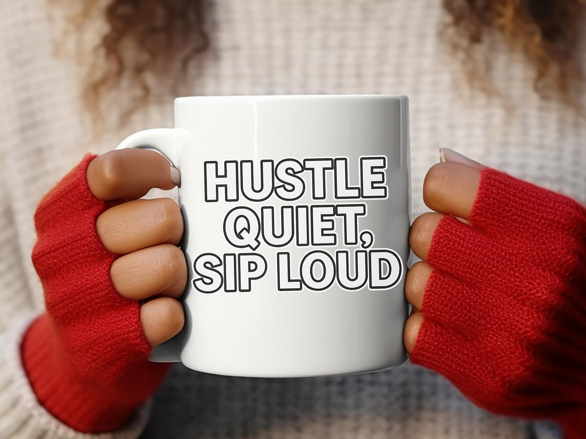 Hustle Coffee Mug, Bold Text, White Ceramic, Office Desk