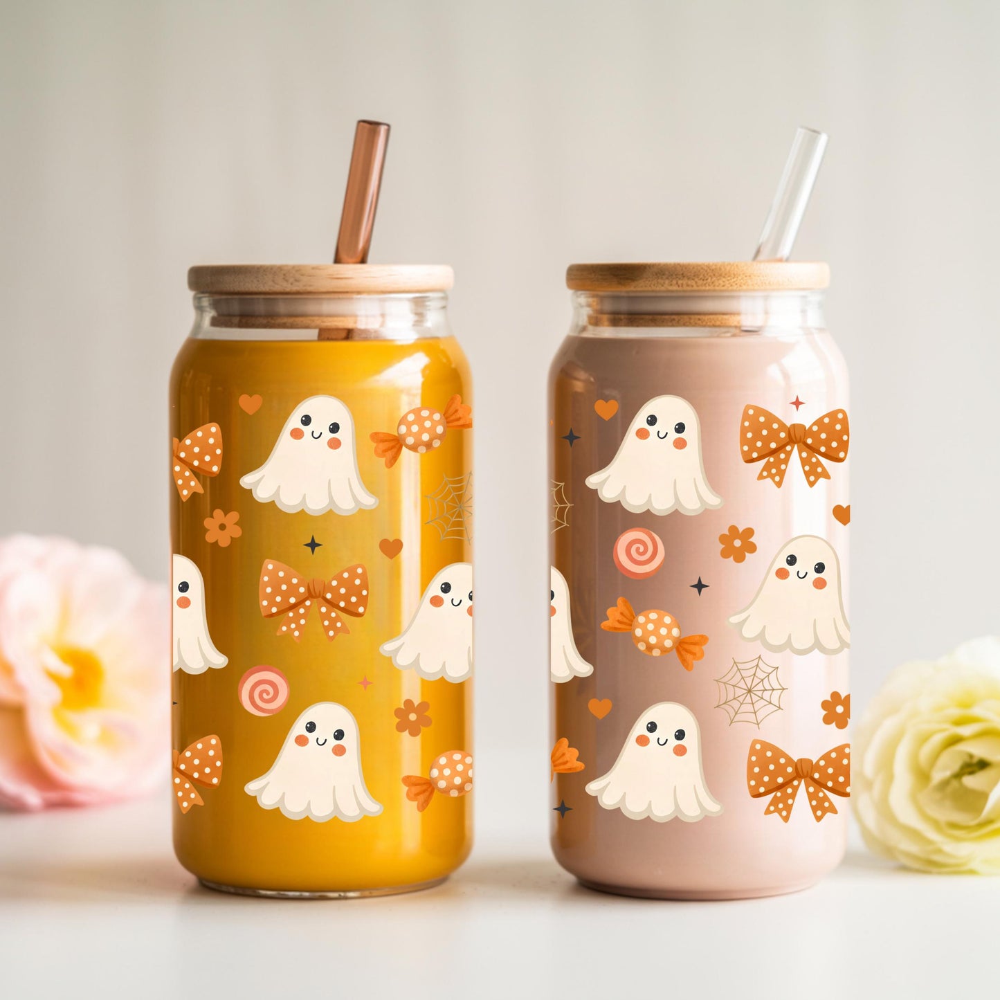 Halloween Ghosts and Flowers Glass Cup โ Cute Iced Coffee Can with Lid and Straw
