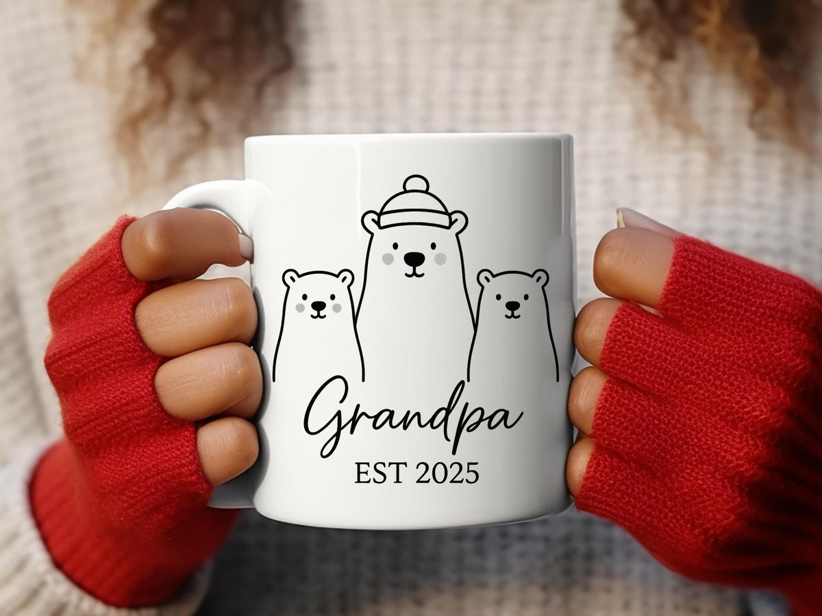Grandpa Est 2025 Mug, Polar Bear Family Coffee Cup, Pregnancy Reveal Gift