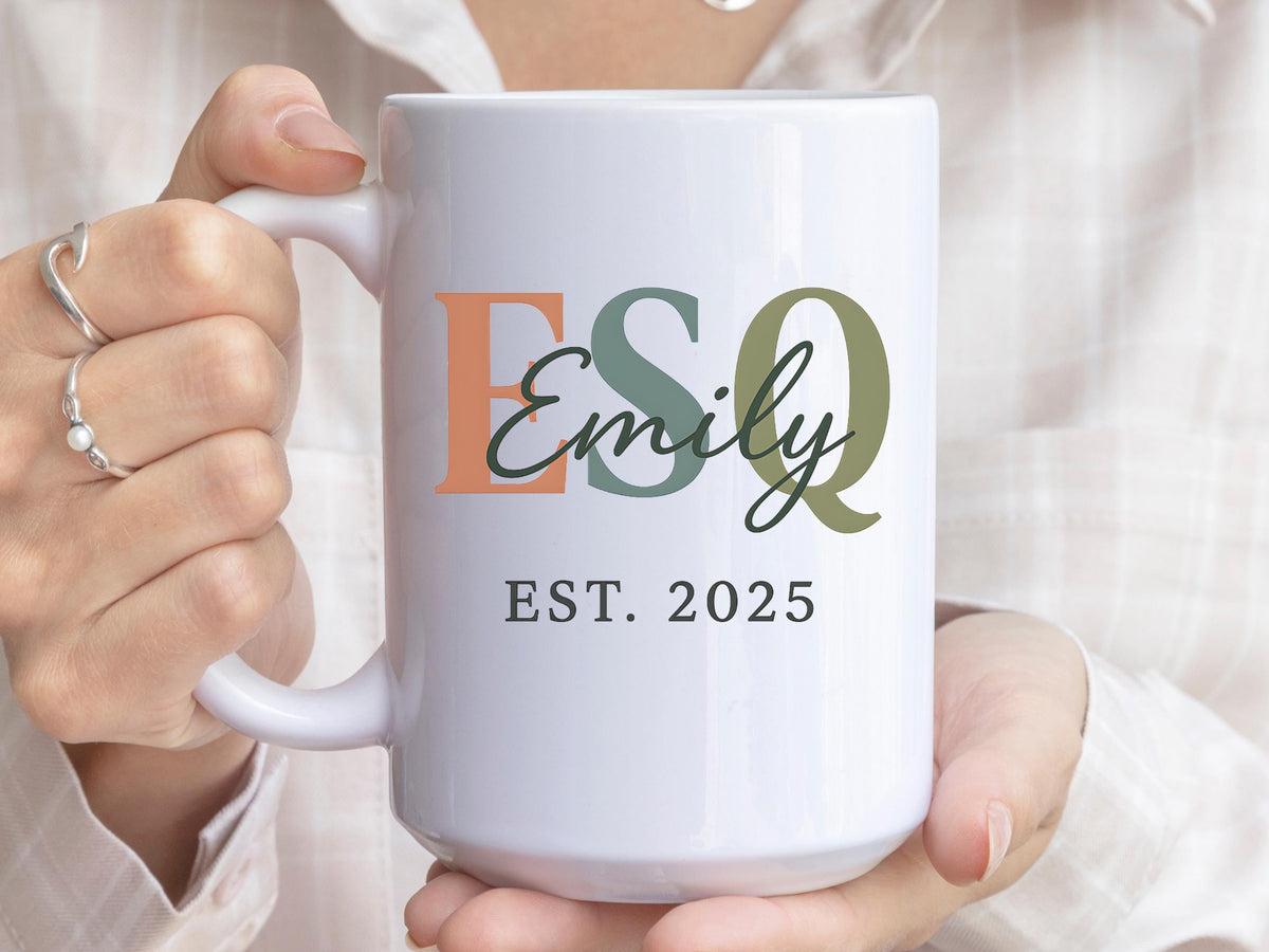 Personalized Lawyer Mug Esq Emily Est 2025 Attorney Graduation Gift Coffee Mug