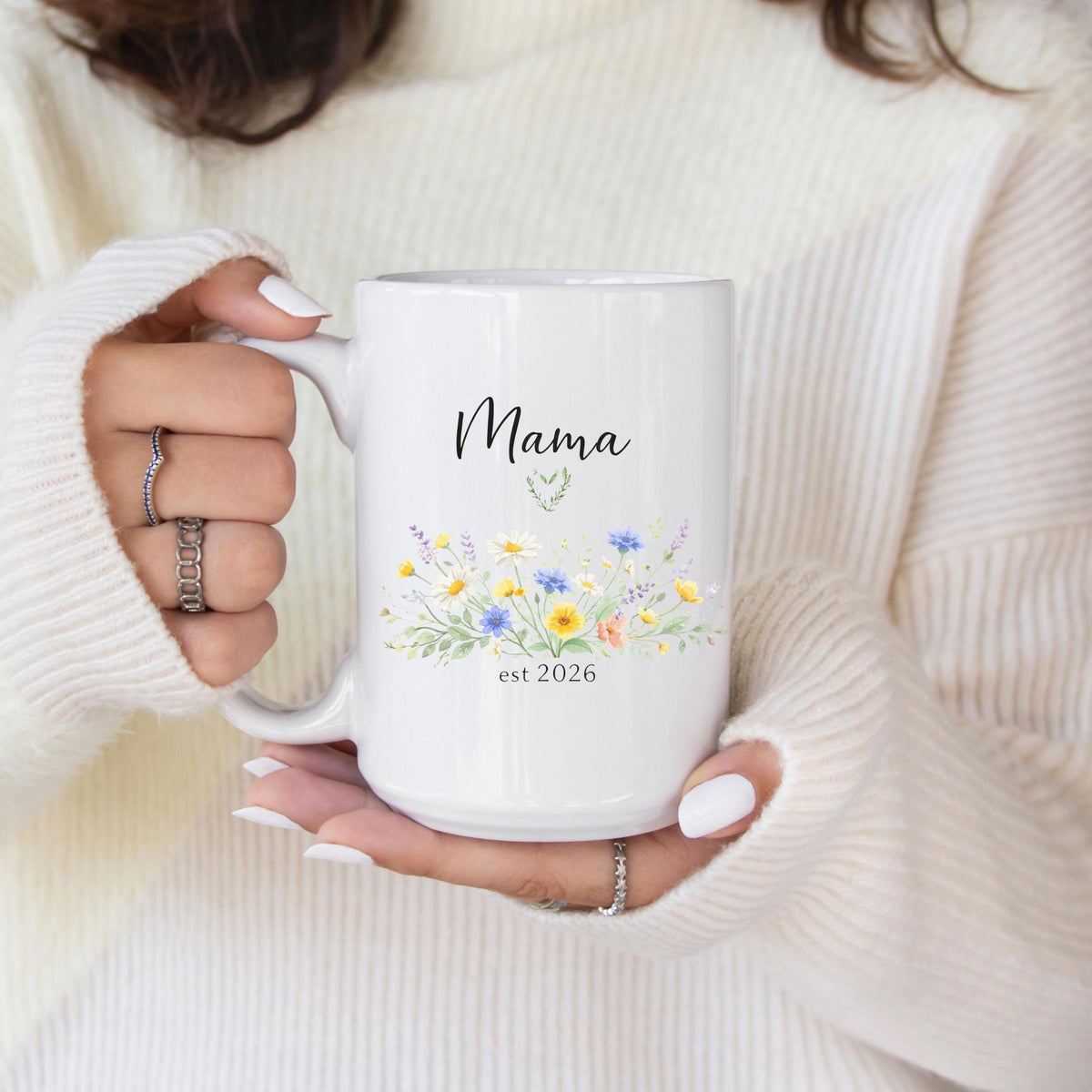 Floral Mama Est 2026 Coffee Mug, New Mom Announcement Cup