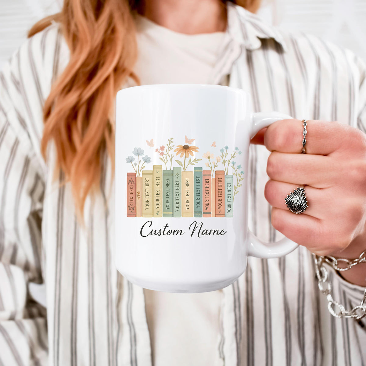 Personalized Floral Book Stack Mug, Librarian Gift