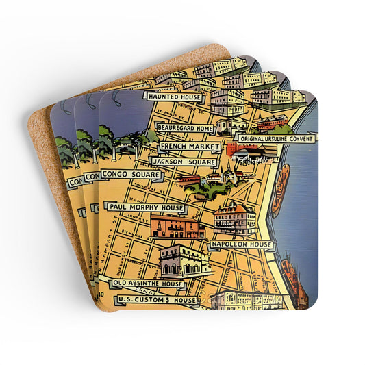 New Orleans Street Map Cork Coaster Set — Vintage Illustrated Bar Decor