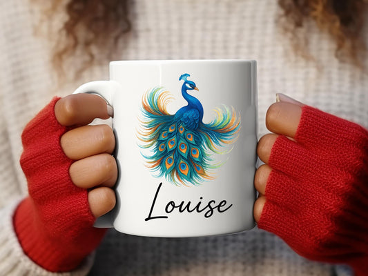 Custom Peacock Mug, Colorful Ceramic Peacock Coffee Cup