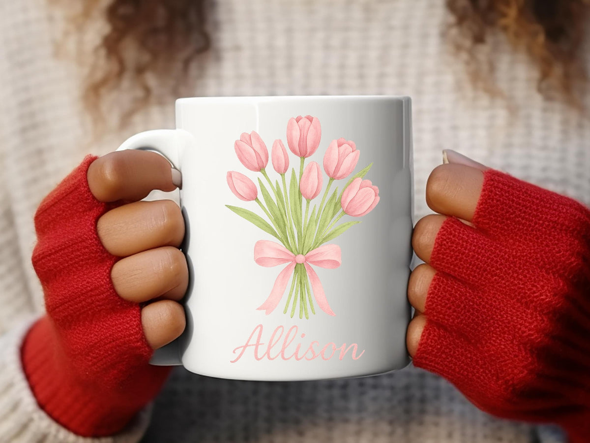 Custom Tulip Mug, Floral Ceramic Coffee Cup, Pink 11oz