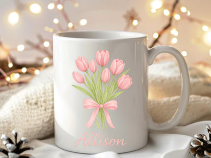 Custom Tulip Mug, Floral Ceramic Coffee Cup, Pink 11oz