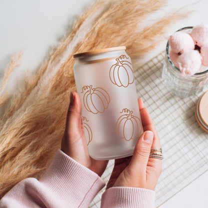 Pumpkin Glass Can Coffee Cup — Fall Season Iced Coffee Cup with Lid and Straw