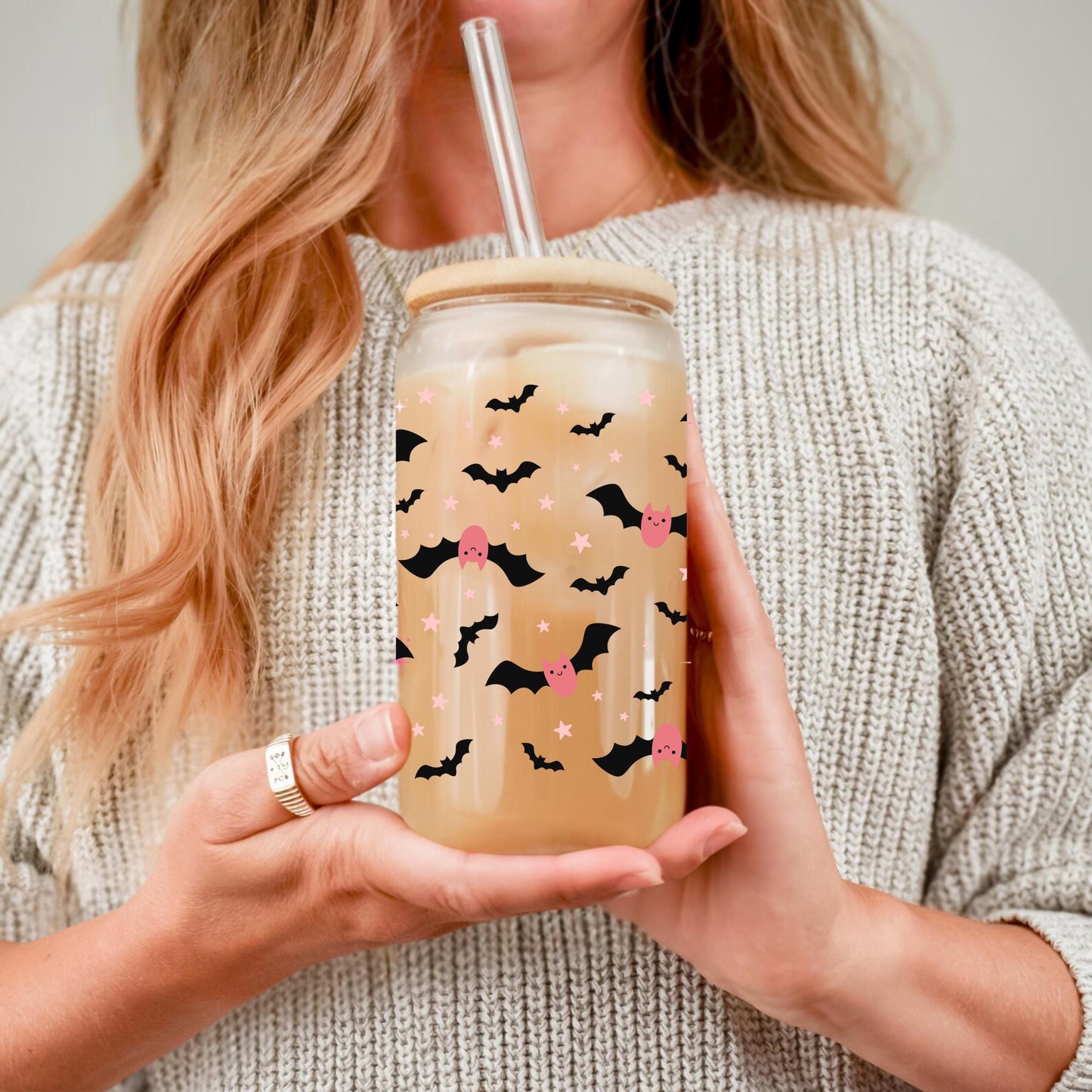 Bat Halloween Glass Cup — Fall Iced Coffee Can with Lid and Straw