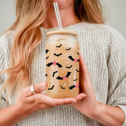 Bat Halloween Glass Cup — Fall Iced Coffee Can with Lid and Straw