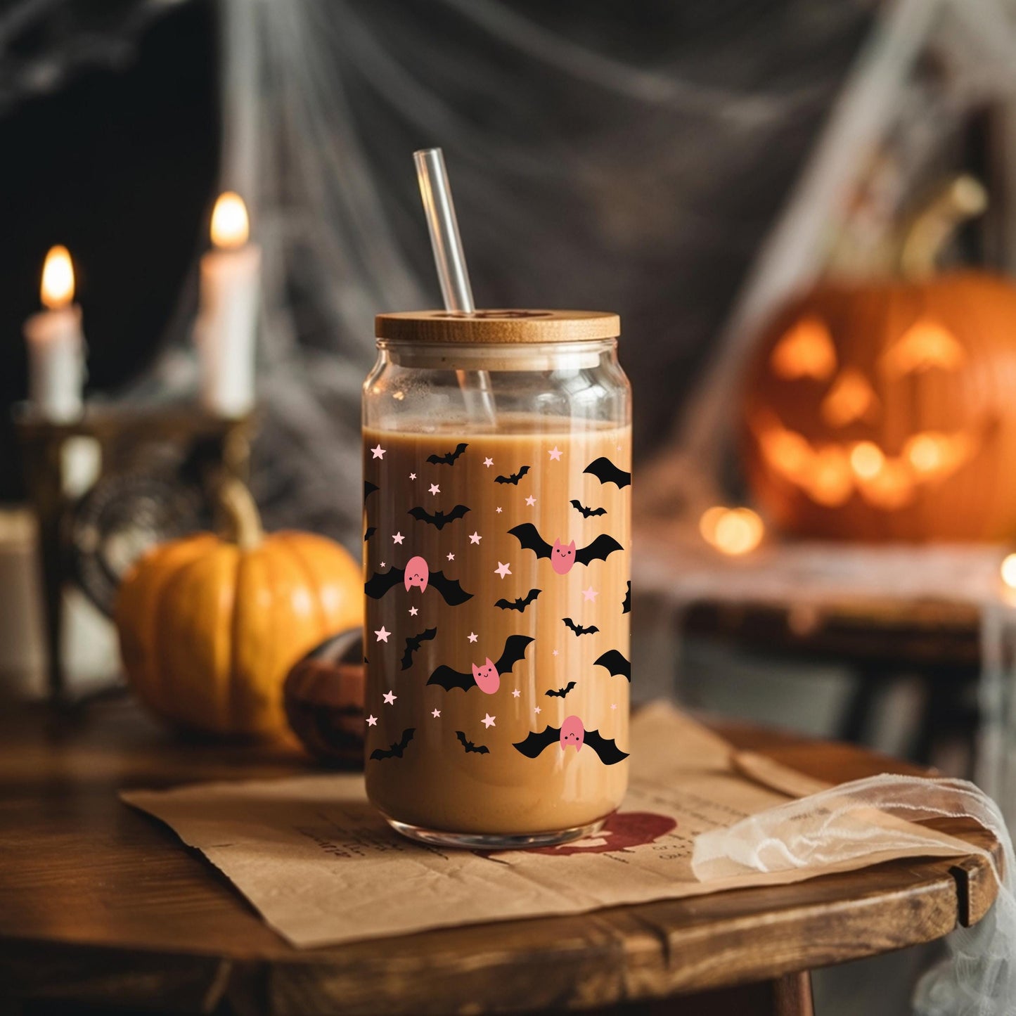 Bat Halloween Glass Cup — Fall Iced Coffee Can with Lid and Straw