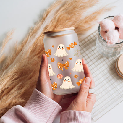 Halloween Ghosts and Flowers Glass Cup — Cute Iced Coffee Can with Lid and Straw