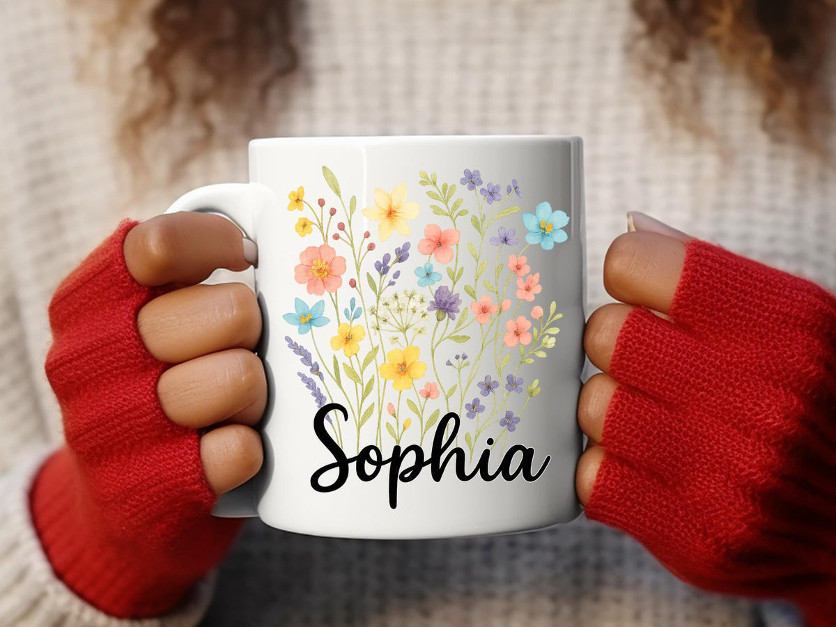 Personalized Mug With Wildflowers, Ceramic Name Coffee Cup
