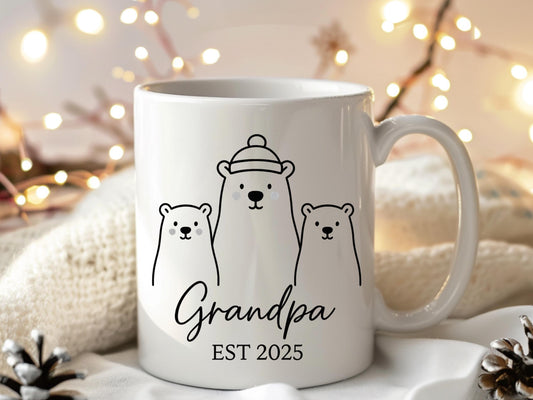Grandpa Est 2025 Mug, Polar Bear Family Coffee Cup, Pregnancy Reveal Gift