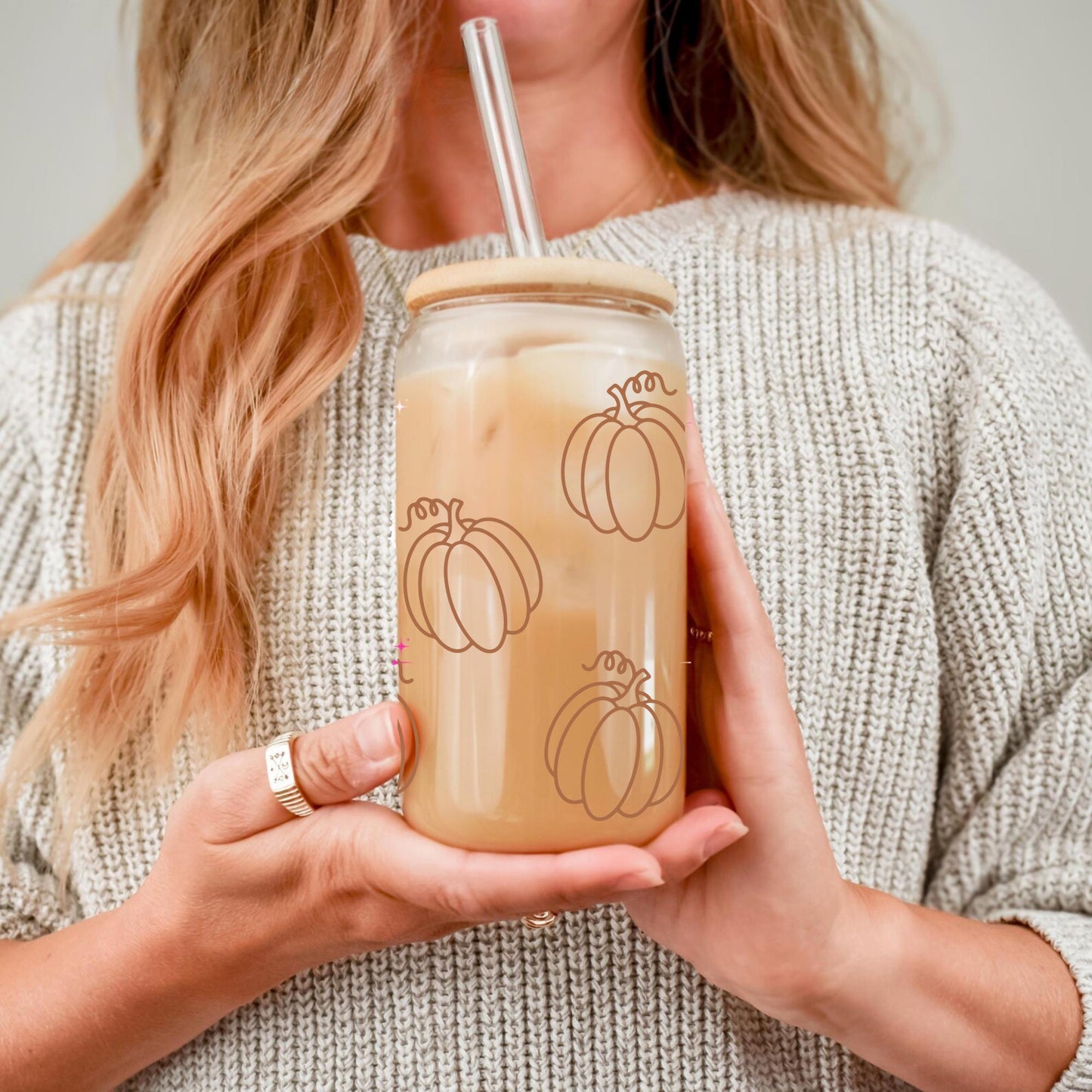 Pumpkin Glass Can Coffee Cup — Fall Season Iced Coffee Cup with Lid and Straw