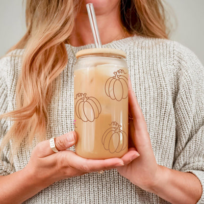 Pumpkin Glass Can Coffee Cup — Fall Season Iced Coffee Cup with Lid and Straw