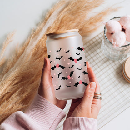 Bat Halloween Glass Cup — Fall Iced Coffee Can with Lid and Straw