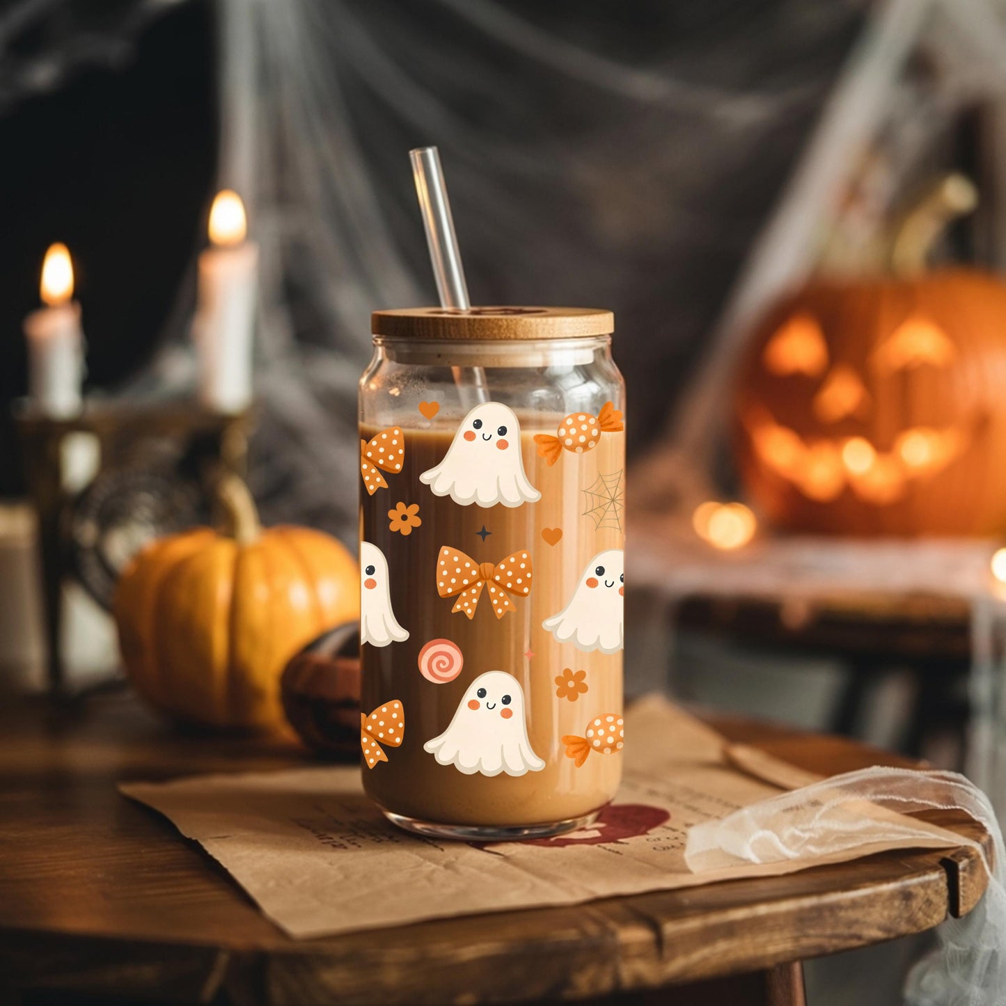 Halloween Ghosts and Flowers Glass Cup — Cute Iced Coffee Can with Lid and Straw