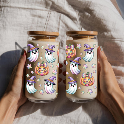 Halloween Ghost Glass Tumbler — Cute Pumpkin Iced Coffee Cup with Lid and Straw