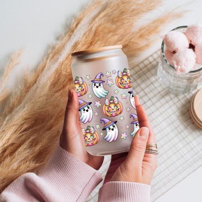 Halloween Ghost Glass Tumbler — Cute Pumpkin Iced Coffee Cup with Lid and Straw