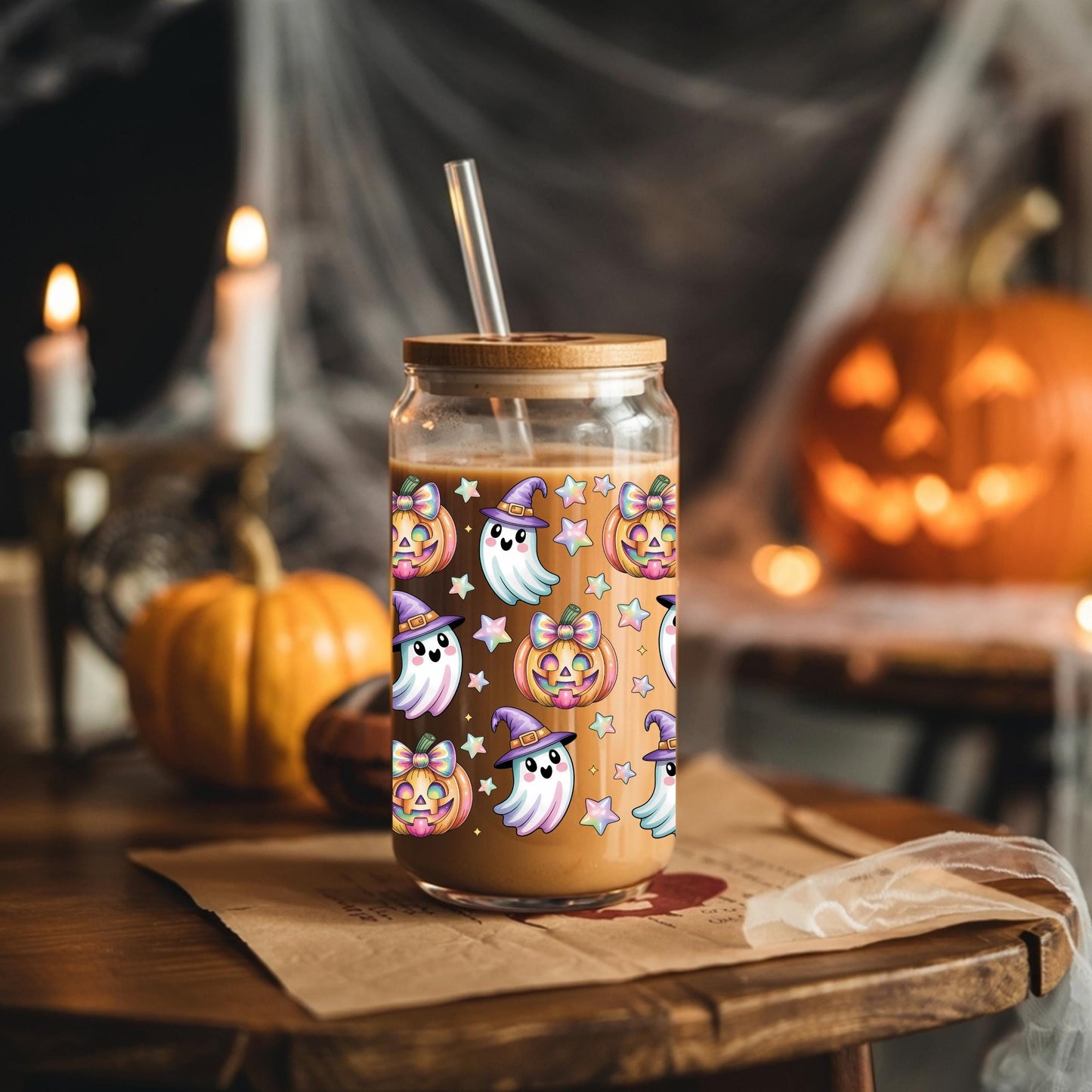 Halloween Ghost Glass Tumbler — Cute Pumpkin Iced Coffee Cup with Lid and Straw