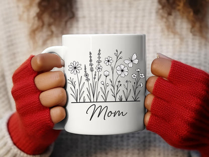 Mom Coffee Mug, White Ceramic, Floral Garden Design