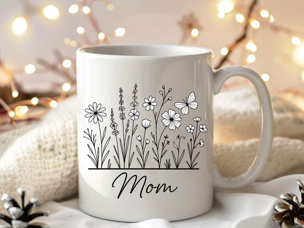 Mom Coffee Mug, White Ceramic, Floral Garden Design