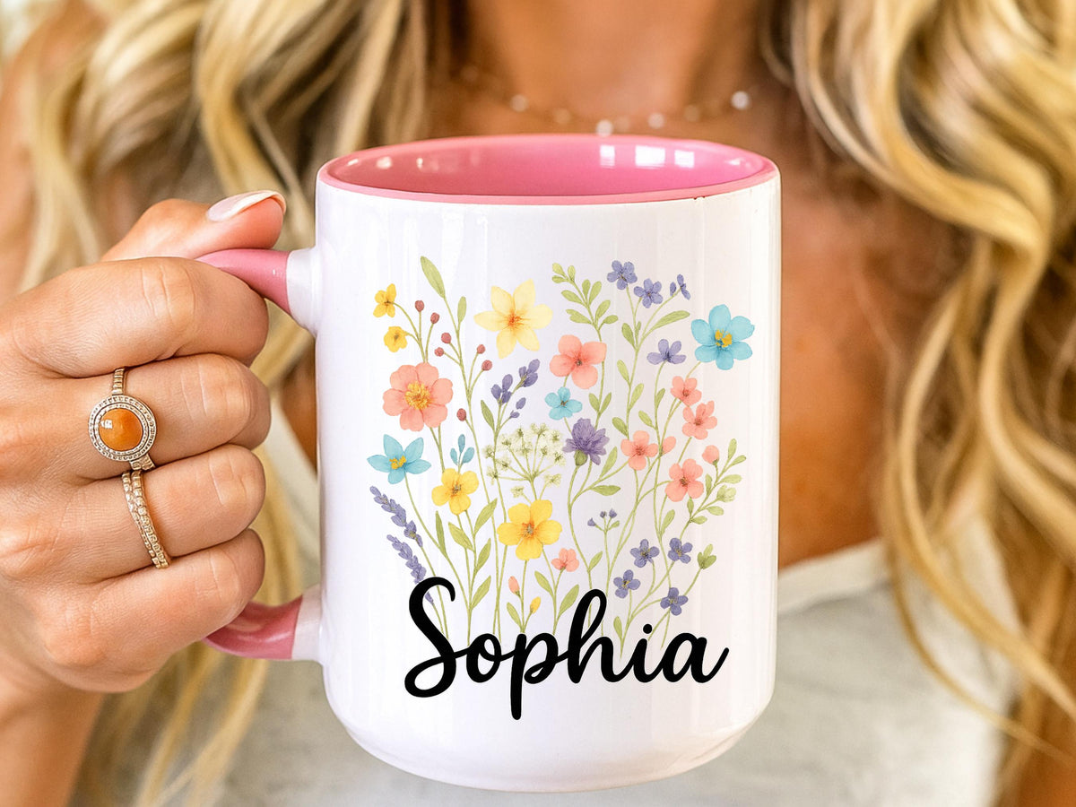 Personalized Mug With Wildflowers, Ceramic Name Coffee Cup