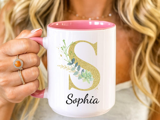 Personalized Gold Initial Mug, Floral Monogram Coffee Cup