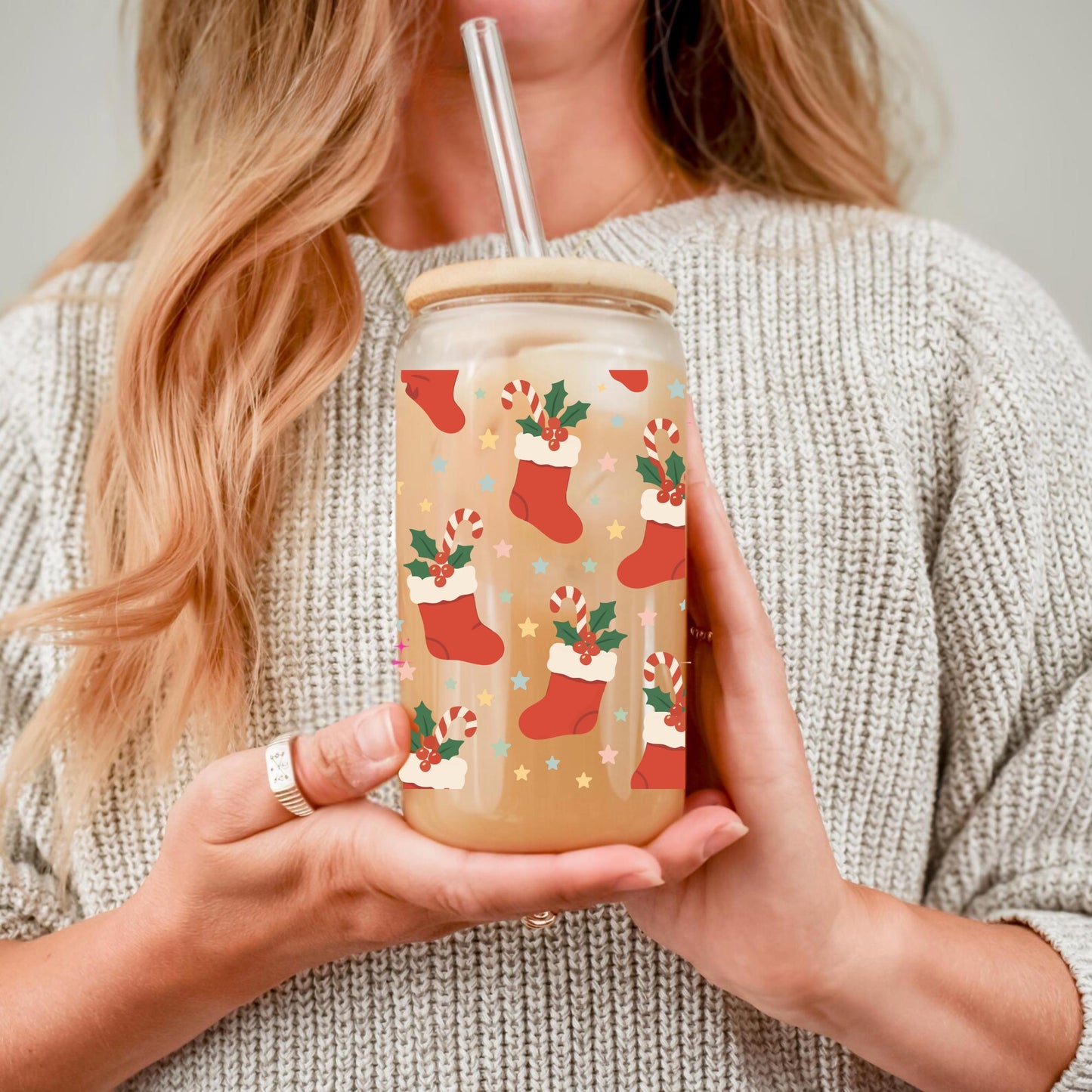 Christmas Stocking Glass Cup — Frosted Iced Coffee Cup with Bamboo Lid and Straw
