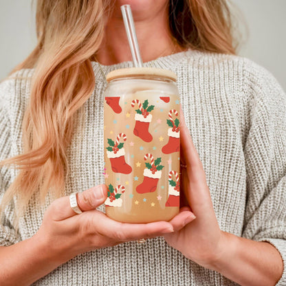 Christmas Stocking Glass Cup — Frosted Iced Coffee Cup with Bamboo Lid and Straw