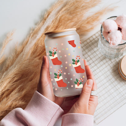 Christmas Stocking Glass Cup — Frosted Iced Coffee Cup with Bamboo Lid and Straw
