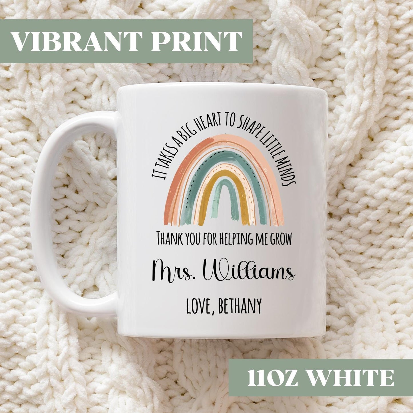 It Takes A Big Heart To Shape Little Minds Mug, Personalized Teacher Mug, Teacher Appreciation Gift, Teacher Gift From Student, T54m25