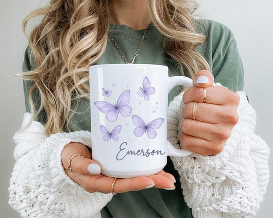 Personalized Lavender Butterfly Mug, Custom Floral Coffee Cup