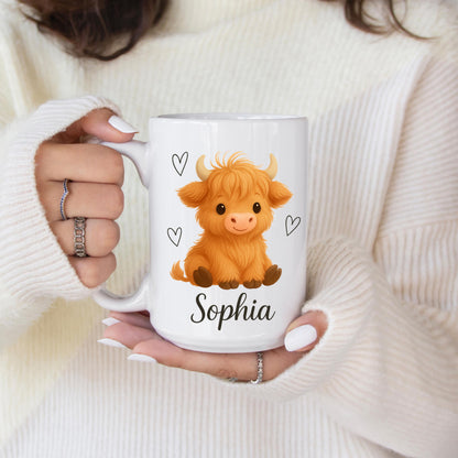 Personalized Highland Cow Mug, Custom Name Farm Animal Cup For Kids