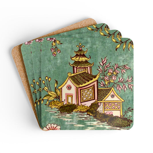 Vintage Chinoiserie Pagoda Cork Coaster Set — Oriental Kitchen Decor