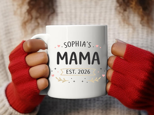 Personalized Mama Mug, Custom Name Est Year Coffee Cup, Pregnancy Announcement Gift