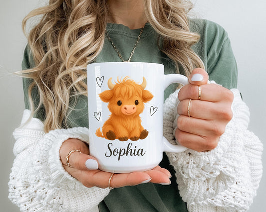 Personalized Highland Cow Mug, Custom Name Farm Animal Cup For Kids