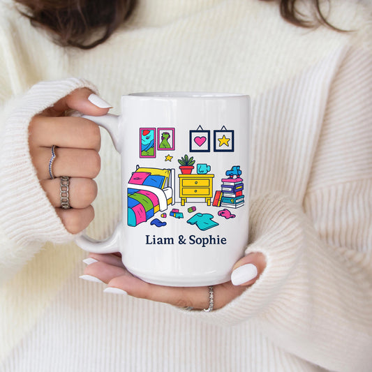 Personalized Couple Home Illustration Gift Mug Custom Names Cozy Room Art Coffee Cup Housewarming Anniversary Valentine Present Keepsake