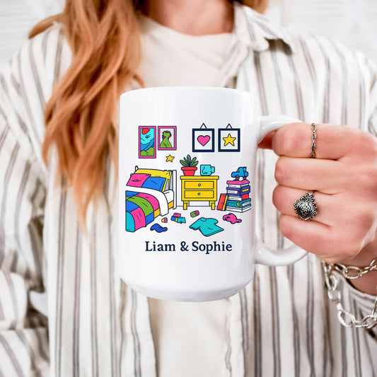Personalized Couple Home Illustration Gift Mug Custom Names Cozy Room Art Coffee Cup Housewarming Anniversary Valentine Present Keepsake