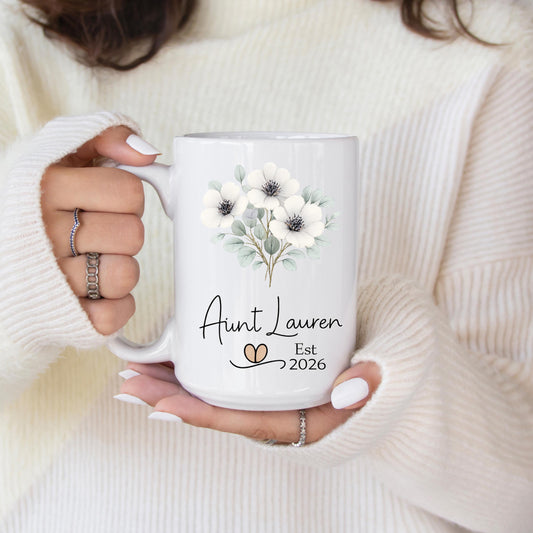 Personalized Floral Aunt Mug, Custom Name Est Year Coffee Cup Botanical Keepsake