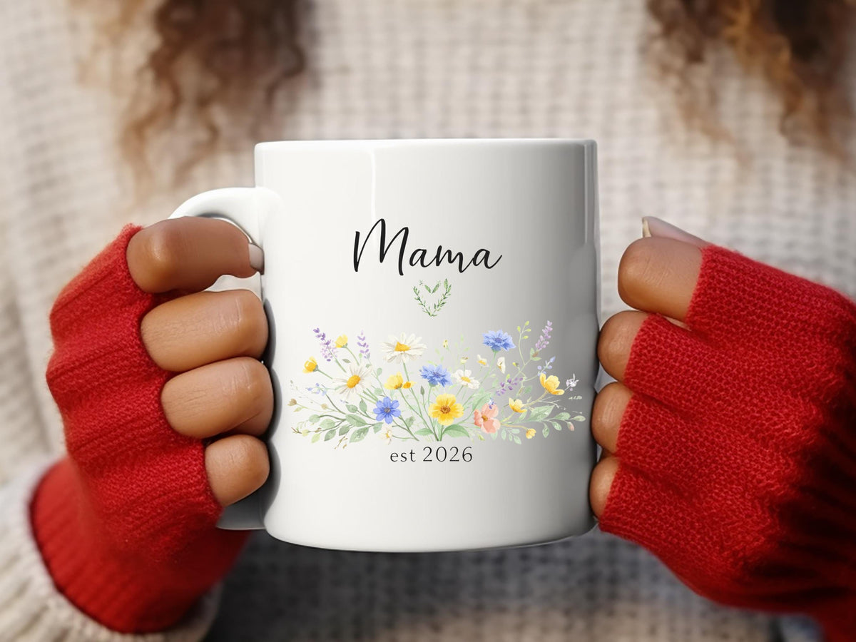 Floral Mama Est 2026 Coffee Mug, New Mom Announcement Cup