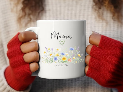 Floral Mama Est 2026 Coffee Mug, New Mom Announcement Cup