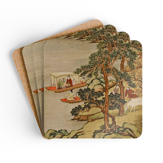Asian Landscape Cork Coaster Set of 4 — Vintage Chinese Scroll Bar Decor