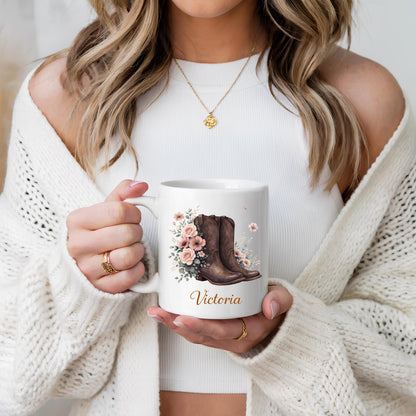 Personalized Cowgirl Boots Mug, Floral Western Coffee Cup
