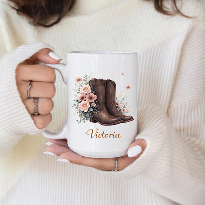 Personalized Cowgirl Boots Mug, Floral Western Coffee Cup