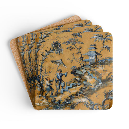 Chinoiserie Scenic Cork Coaster Set — Vintage Oriental Pagoda Design