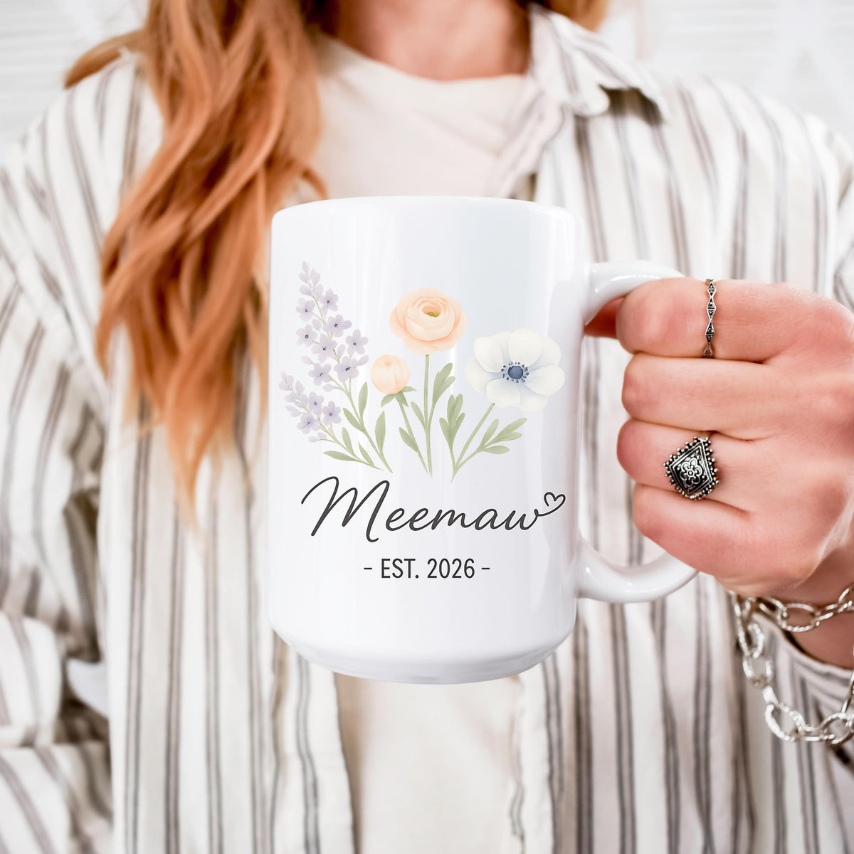 Floral Meemaw Mug Est 2026, Personalized Grandma Coffee Cup – Pregnancy Reveal Gift