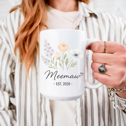 Floral Meemaw Mug Est 2026, Personalized Grandma Coffee Cup – Pregnancy Reveal Gift